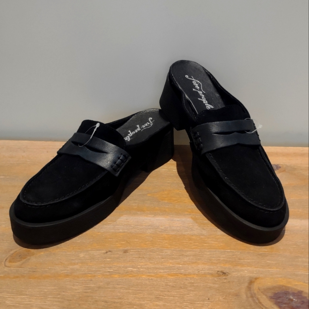 Free People Leighton black suede leather penny loafer slip on shoes 8